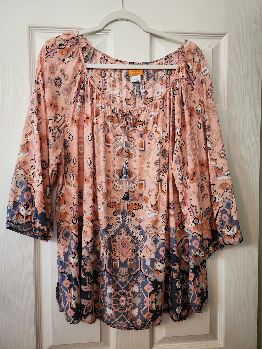 Ruby Rd. Coral Pink and Navy Boho Tunic Top